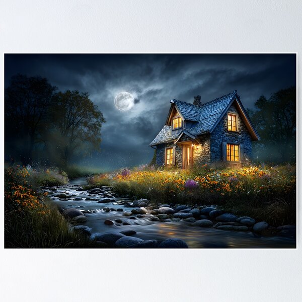 Item preview, Charming Moonlit Cottage by a Tranquil Stream designed and sold by Artessie.