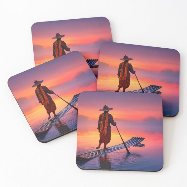 Item preview, Monk on Bamboo Raft at Sunrise Over Tranquil Waters designed and sold by Artessie.
