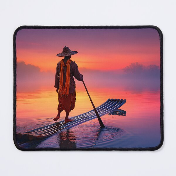 Item preview, Monk on Bamboo Raft at Sunrise Over Tranquil Waters designed and sold by Artessie.