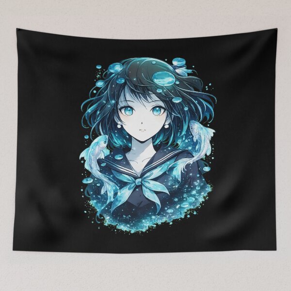 Item preview, Beautiful Anime Girl Underwater With Glowing Blue Fish designed and sold by DrawHandArt.