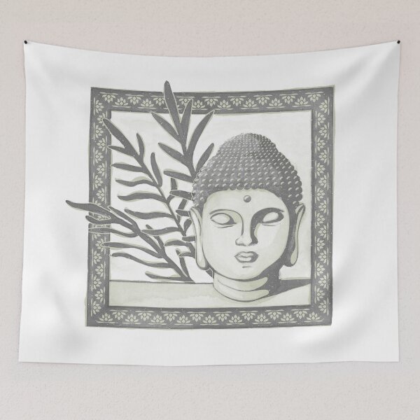 Item preview, Buddha Head Statue with Palm Fronds Watercolor - Slate + Tea designed and sold by Irene Estelle.