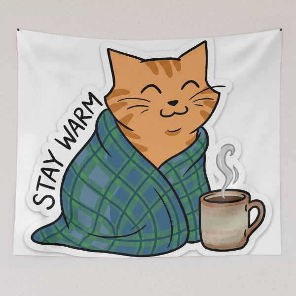 Item preview, Stay Warm Cat Sticker | Cozy Cat with Coffee Illustration | Cute Winter Comfort Art designed and sold by AbstractAuraArt.