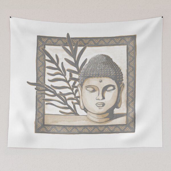 Item preview, Buddha Head Statue with Palm Fronds Watercolor - Slate + Fawn designed and sold by Irene Estelle.