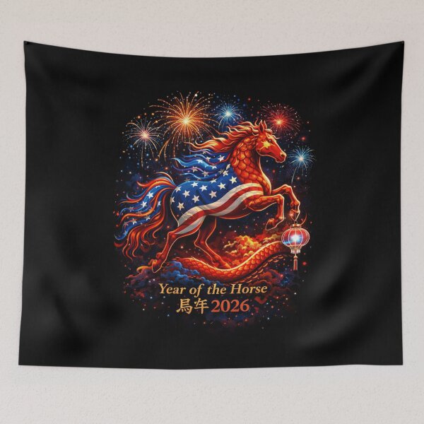 Item preview, Patriotic Year of the Horse 2026 – USA Flag Fire Horse Chinese New Year Art designed and sold by JaaCreativeShop.