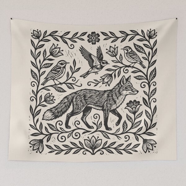 Item preview, Fox Birds Linocut Style Floral Woodland Forestcore designed and sold by Y-Vibes.
