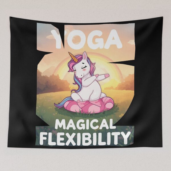 Item preview, Unicorn doing yoga pose and rainbow aura shining, Magical Flexibility 5 designed and sold by Neon G.