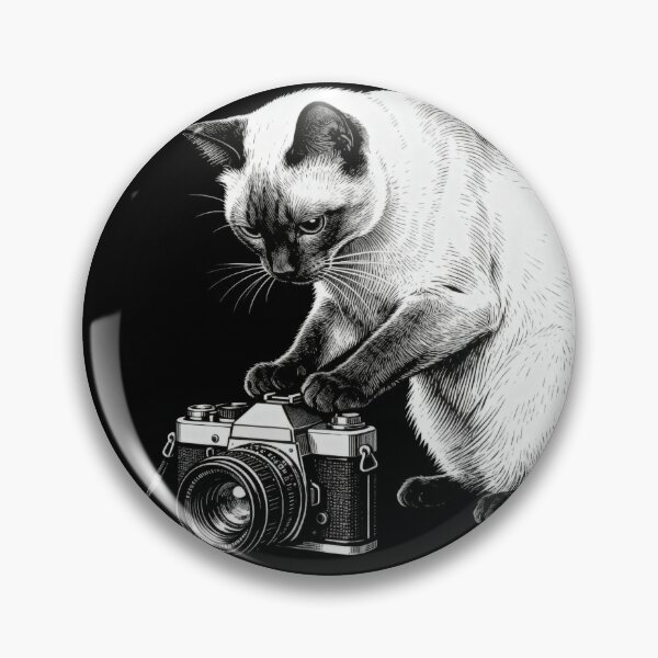 Item preview, Siamese Cat with Vintage Camera – Engraving Illustration designed and sold by CatVibesStudio.