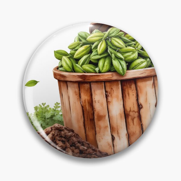 Item preview, Fresh cardamom pods spilling from wooden basket on soil designed and sold by Creative88Art.