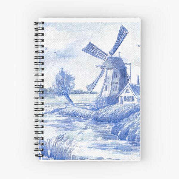 Item preview, Delft Blue Windmill by the Water in Gouache designed and sold by Andrea Snuggs.