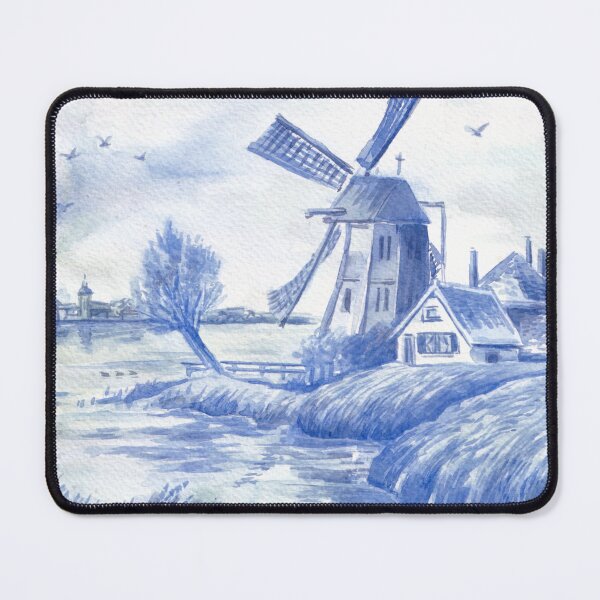 Item preview, Delft Blue Windmill by the Water in Gouache designed and sold by Andrea Snuggs.