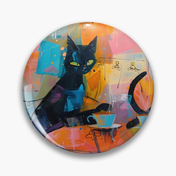 Item preview, Gatos negros abstractos en una cafetería: impresión artística moderna y colorida sobre café designed and sold by Unruly_Brilliance.