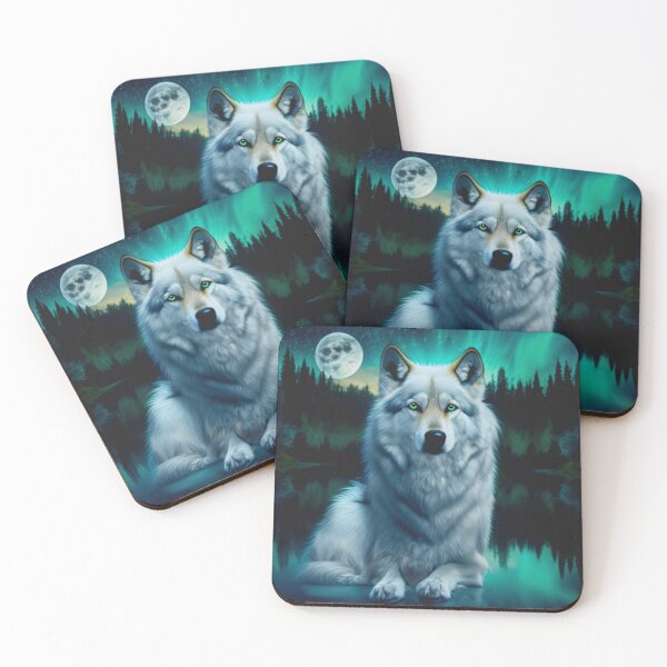 Item preview, Majestic gray White arctic wolf under the full moon with pine forest in background  designed and sold by hollycooper.
