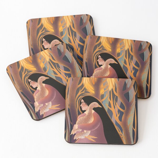 Item preview, A mysterious illustration of a long-haired, black-haired woman with a goose in the moonlight in a forest designed and sold by Grin Katalina Floral Patterns & Cozy Art.