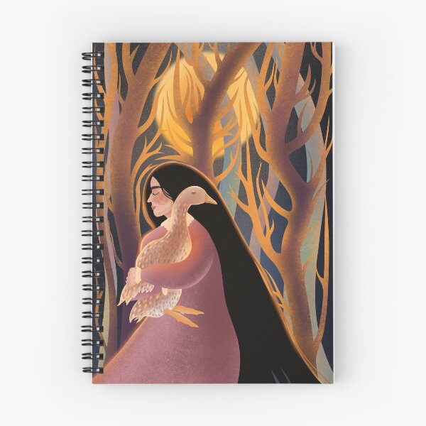 Item preview, A mysterious illustration of a long-haired, black-haired woman with a goose in the moonlight in a forest designed and sold by Grin Katalina Floral Patterns & Cozy Art.