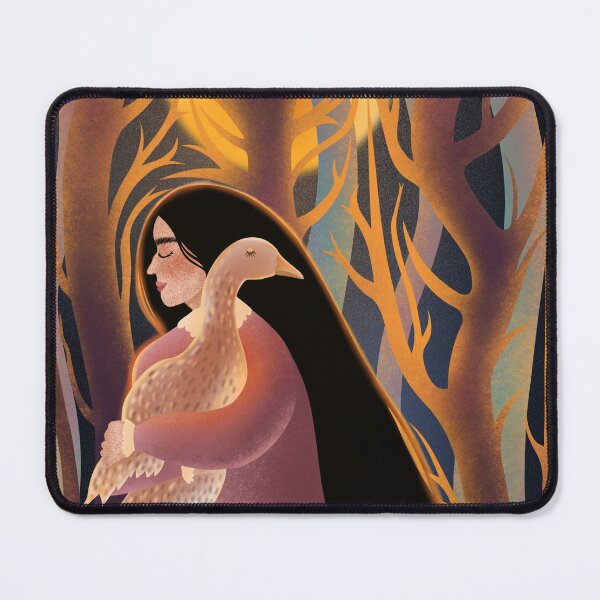 Item preview, A mysterious illustration of a long-haired, black-haired woman with a goose in the moonlight in a forest designed and sold by Grin Katalina Floral Patterns & Cozy Art.