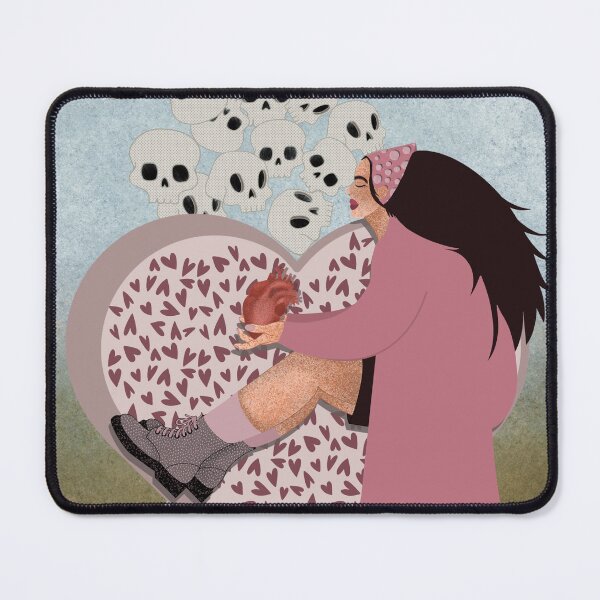 Item preview, An illustration of a woman with long black hair holding a heart, against a background of skulls. The beginning of a new love. designed and sold by Grin Katalina Floral Patterns & Cozy Art.