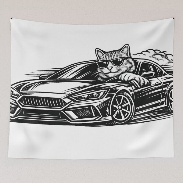 Item preview, Pencil Sketch Cat with Car – Minimalist Automotive Art designed and sold by EpicwaveDesigns.