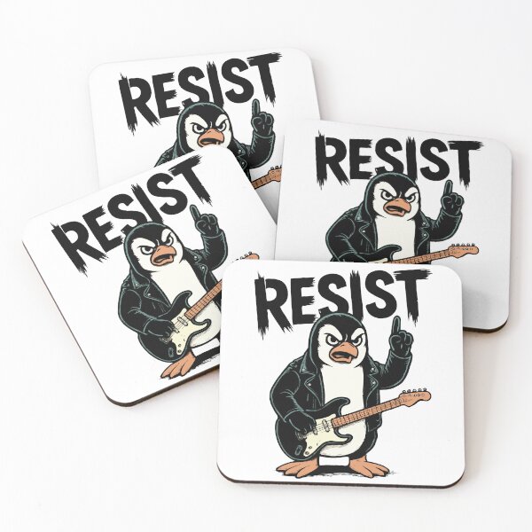 Item preview, RESIST Penguin Rockstar with Electric Guitar – Punk Rock Rebel Animal Art designed and sold by BrainBubbleArt.