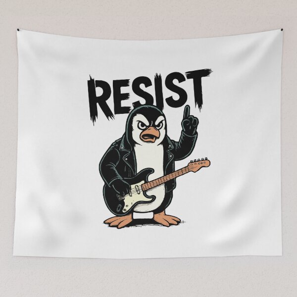Item preview, RESIST Penguin Rockstar with Electric Guitar – Punk Rock Rebel Animal Art designed and sold by BrainBubbleArt.