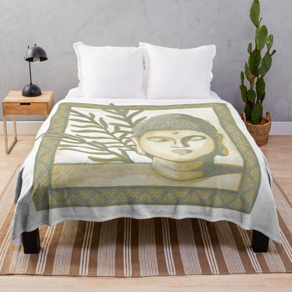 Item preview, Buddha Head Statue with Palm Fronds Watercolor - Sage + Saffron designed and sold by Irene Estelle.