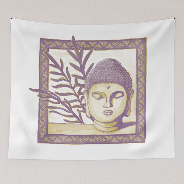 Item preview, Buddha Head Statue with Palm Fronds Watercolor - Plum + Saffron designed and sold by Irene Estelle.