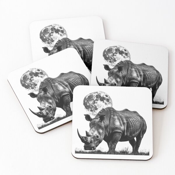 Item preview, Moonlit Rhino – Black and White Wildlife Art with Full Moon designed and sold by inkoutninja.