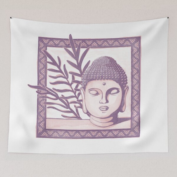 Item preview, Buddha Head Statue with Palm Fronds Watercolor - Plum + Rose designed and sold by Irene Estelle.
