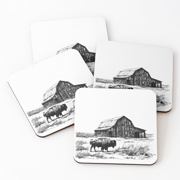 Item preview, Rustic Barn and Bison – Black and White Western Landscape Illustration designed and sold by inkoutninja.