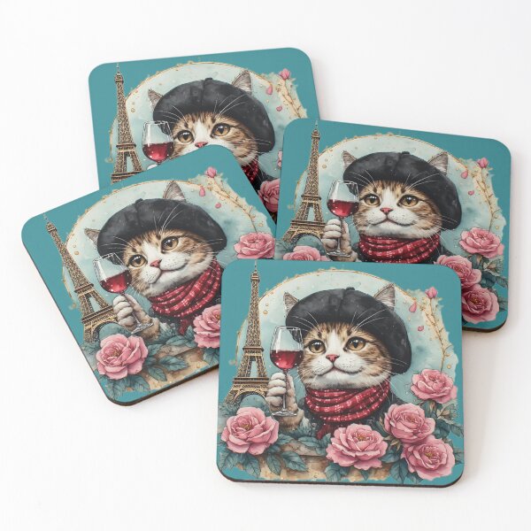 Item preview, A cat in a beret with a glass of red wine near the Eiffel Tower. designed and sold by Natalia-Vlad.