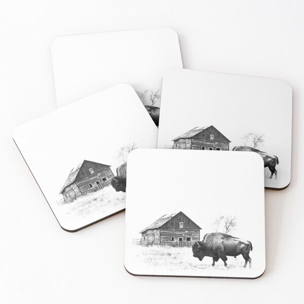 Item preview, Minimalist Bison and Barn – Black and White Rustic Country Art Print designed and sold by inkoutninja.
