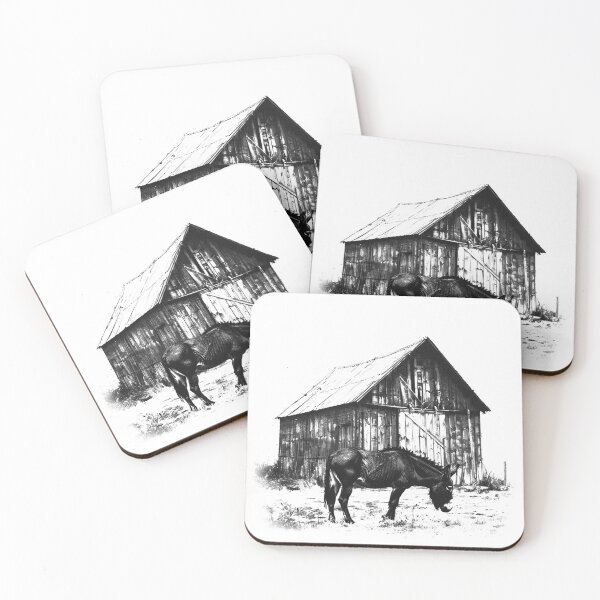 Item preview, Donkey and Old Barn – Rustic Black and White Farmhouse Illustration designed and sold by inkoutninja.