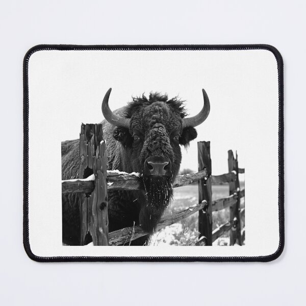 Item preview, Bison Behind Fence – Intense Black and White Western Wildlife Portrait designed and sold by inkoutninja.