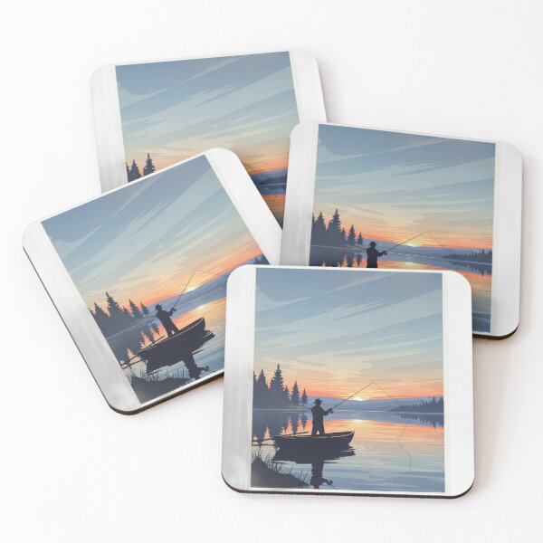 Item preview, Silhouette of a man fishing in a tranquil lake surrounded by pine trees designed and sold by VerizalShop.