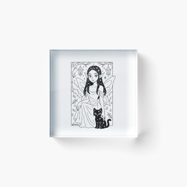 Item preview, Noemi - Celestial Fairy and Kitty Under Lanterns | Black and White pluvia Linework Fantasy Art designed and sold by yearningviolet.