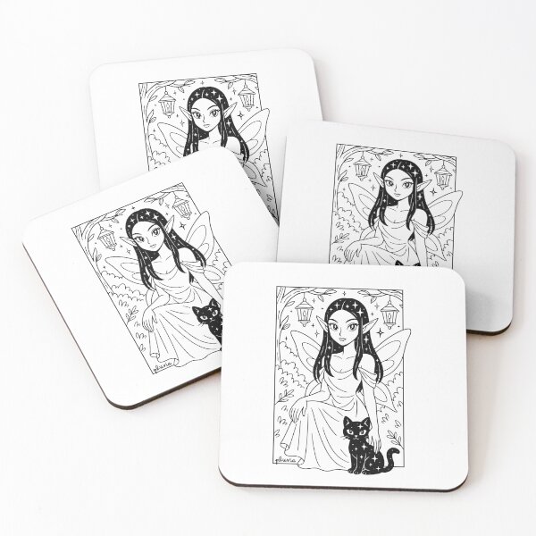 Item preview, Noemi - Celestial Fairy and Kitty Under Lanterns | Black and White pluvia Linework Fantasy Art designed and sold by yearningviolet.
