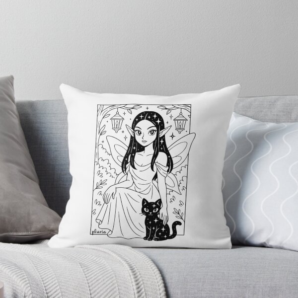 Item preview, Noemi - Celestial Fairy and Kitty Under Lanterns | Black and White pluvia Linework Fantasy Art designed and sold by yearningviolet.