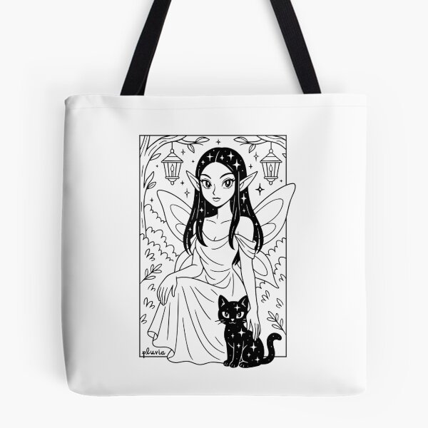 Item preview, Noemi - Celestial Fairy and Kitty Under Lanterns | Black and White pluvia Linework Fantasy Art designed and sold by yearningviolet.