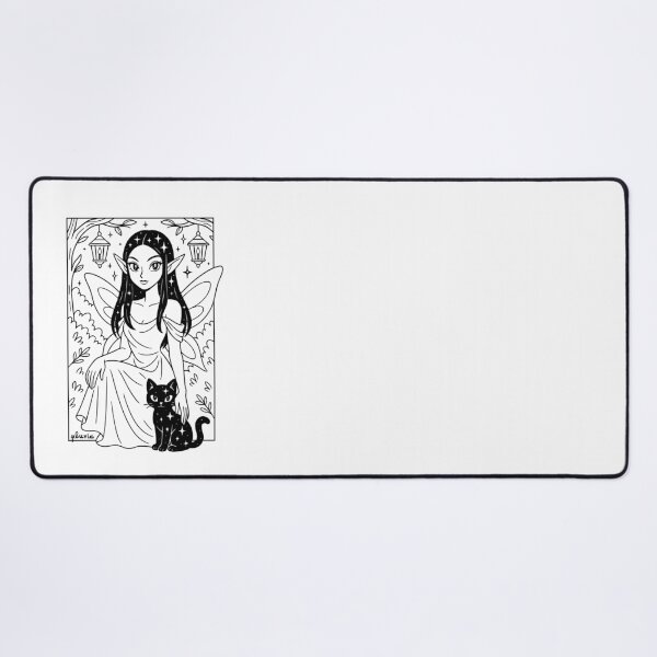Item preview, Noemi - Celestial Fairy and Kitty Under Lanterns | Black and White pluvia Linework Fantasy Art designed and sold by yearningviolet.