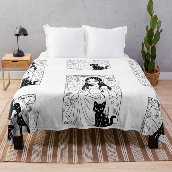 Item preview, Noemi - Celestial Fairy and Kitty Under Lanterns | Black and White pluvia Linework Fantasy Art designed and sold by yearningviolet.