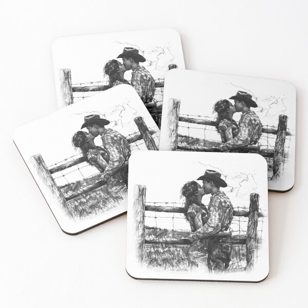 Item preview, Cowboy and Cowgirl Kiss – Romantic Western Black and White Sketch Art designed and sold by inkoutninja.