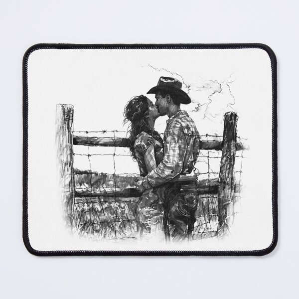 Item preview, Cowboy and Cowgirl Kiss – Romantic Western Black and White Sketch Art designed and sold by inkoutninja.