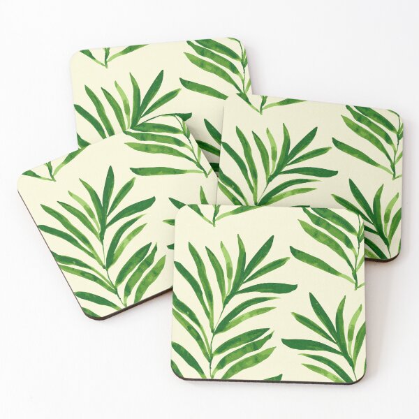 Item preview, tropical vibrant green watercolour look palm leaves on soft yellow designed and sold by PrettywithColor.