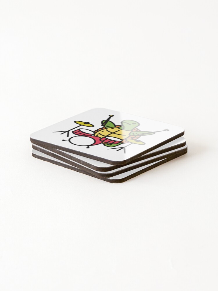 Thumbnail 4 of 5, Coasters (Set of 4), Funny Rocker Turtle Drummer Band Doodle designed and sold by ZenNal.