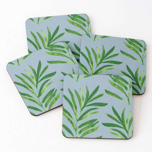 Item preview, tropical vibrant green watercolour look palm leaves on blue background designed and sold by PrettywithColor.