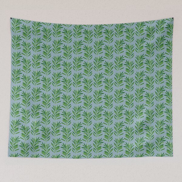 Item preview, tropical vibrant green watercolour look palm leaves on blue background designed and sold by PrettywithColor.