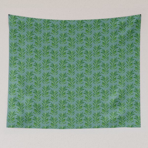 Item preview, tropical vibrant green watercolour look palm leaves on teal blue background designed and sold by PrettywithColor.