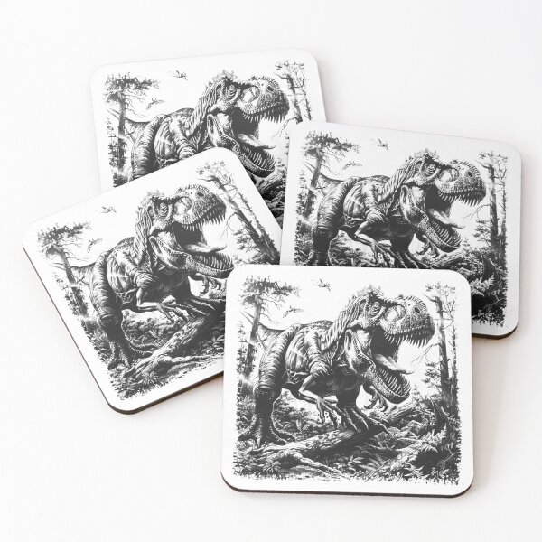 Item preview, Roaring T-Rex – Black and White Dinosaur Art in Prehistoric Forest designed and sold by inkoutninja.