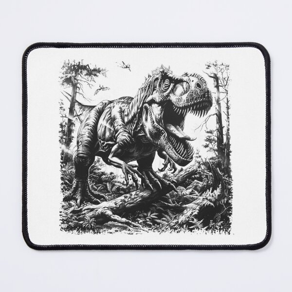 Item preview, Roaring T-Rex – Black and White Dinosaur Art in Prehistoric Forest designed and sold by inkoutninja.