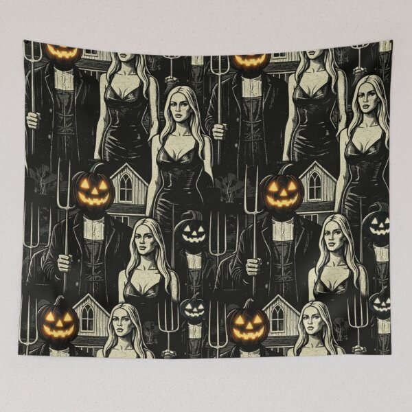 Item preview, Headless Horseman American Gothic Scratchboard Parody — Modern Gothic Halloween Art designed and sold by TheHorsemanRidesAgain.
