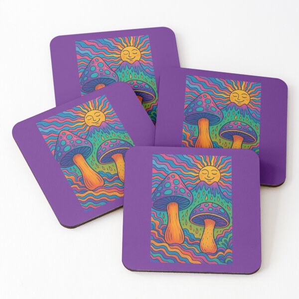 Item preview, Psychedelic Mushrooms - Vibrant Art with Smiling Sun and Wavy Patterns designed and sold by ARTGENERATESART.
